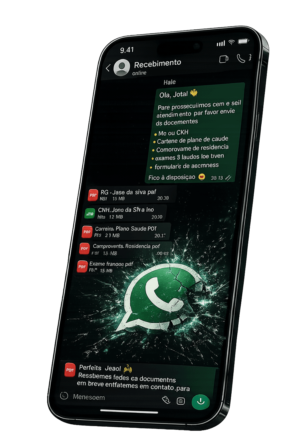 Conversa no celular com documentos chegando de forma desorganizada